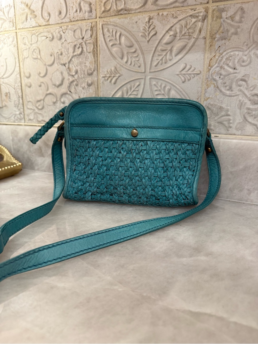 Isabella Fiore Teal Woven Leather Crossbody Bag